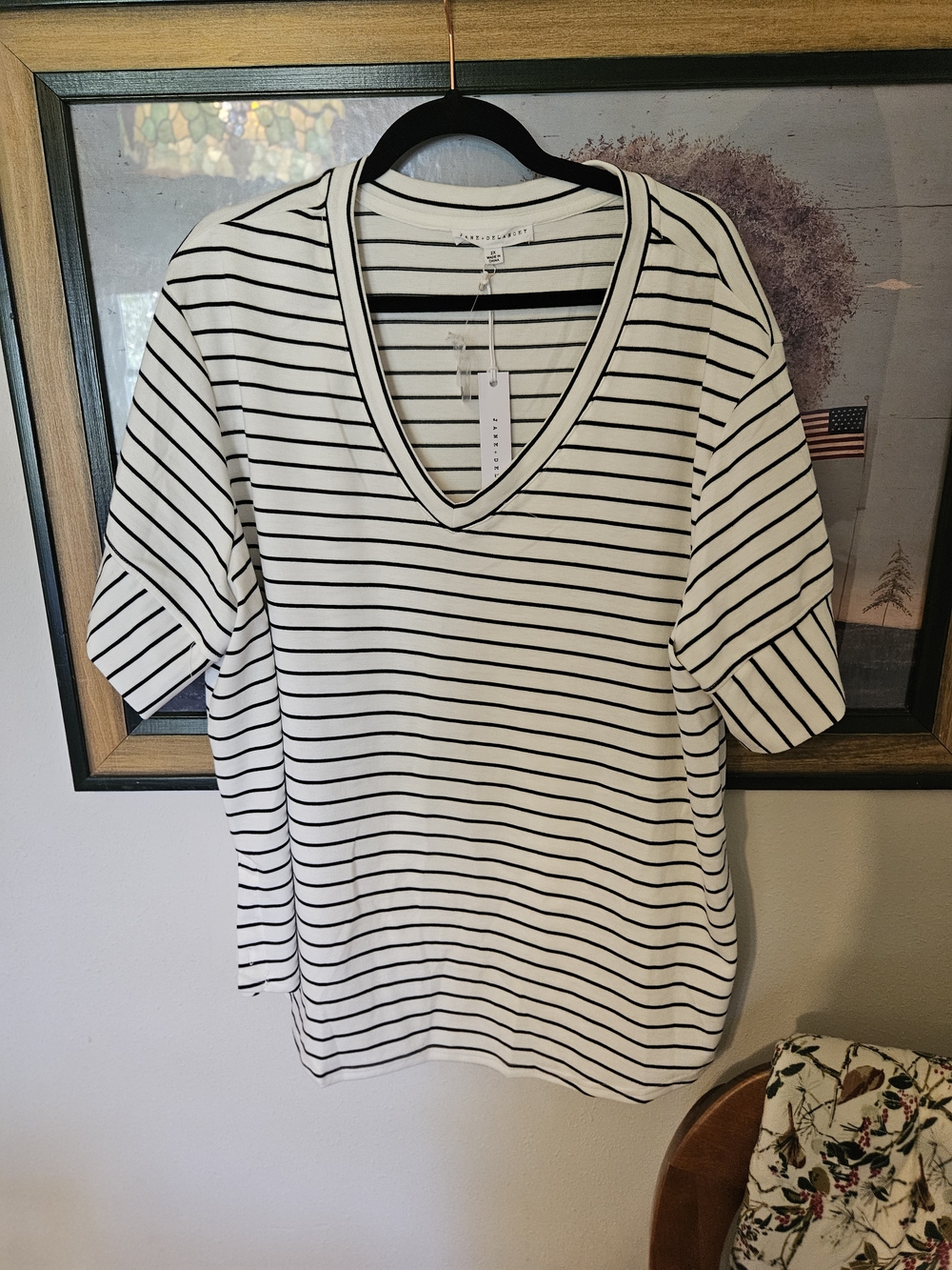 Jane and Delancey White and Black Striped V-Neck Short Sleeve Top Sz 2x NWT